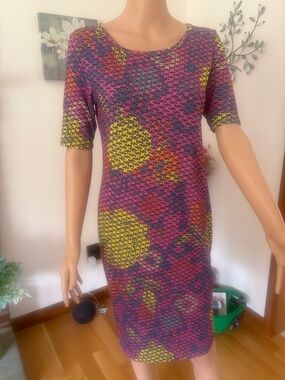 LuLaRoe Multicolor Midi Dress in Purple, Pink & Yellow